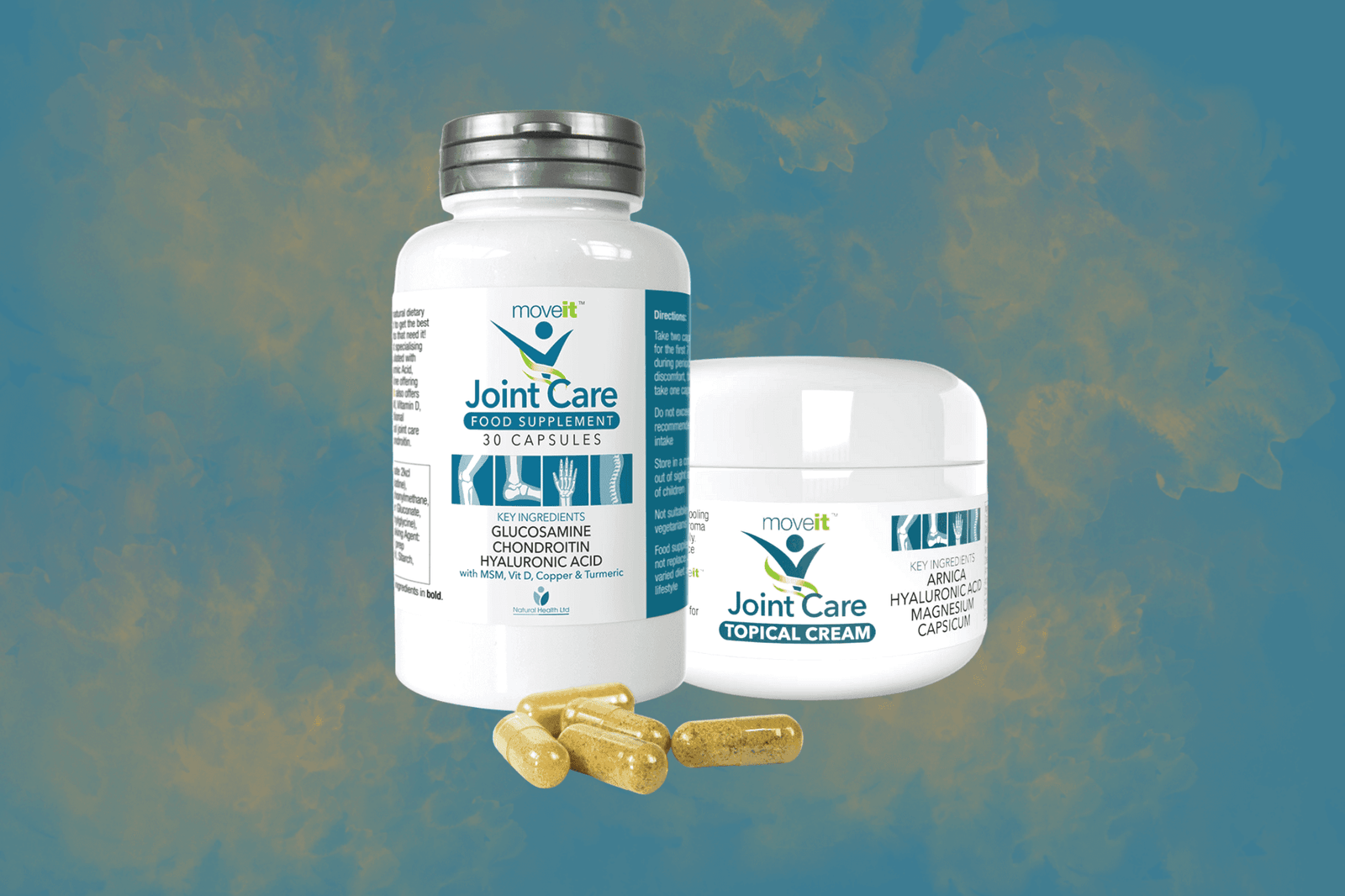 Moveit Joint Solution for Joint Pain featuring Joint Care capsules and topical cream with glucosamine and hyaluronic acid