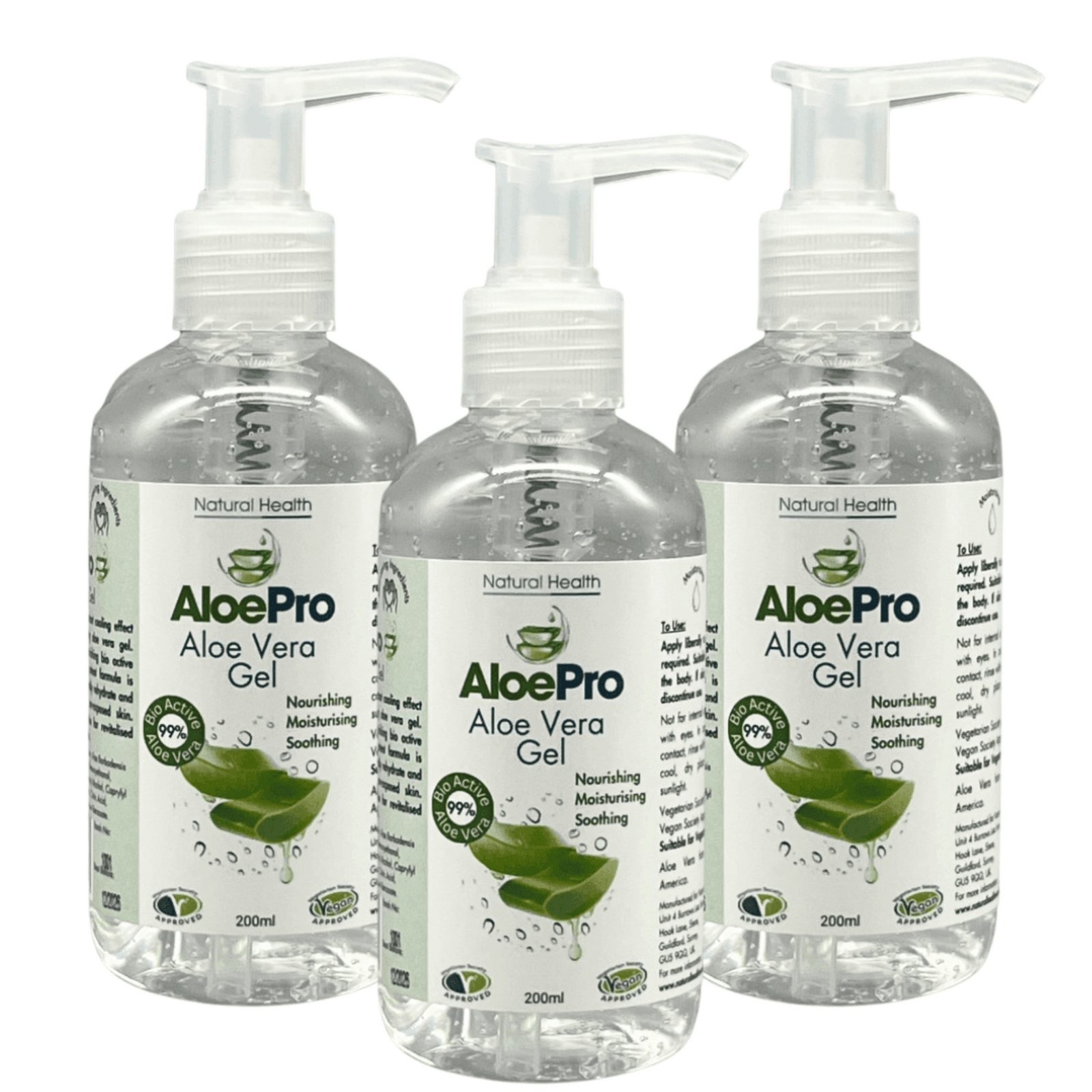 Three bottles of AloePro Aloe Vera Gel on a white background