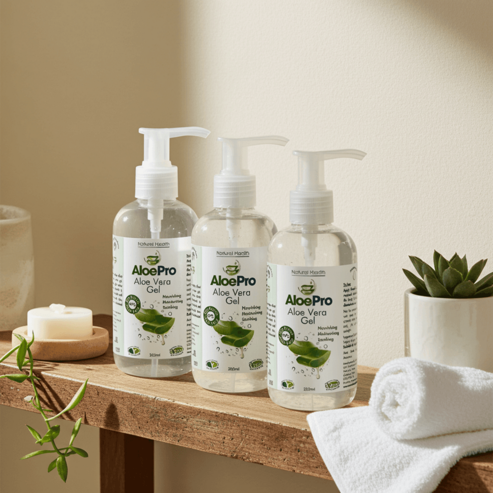 Three bottles of AloePro Aloe Vera Gel on a white background