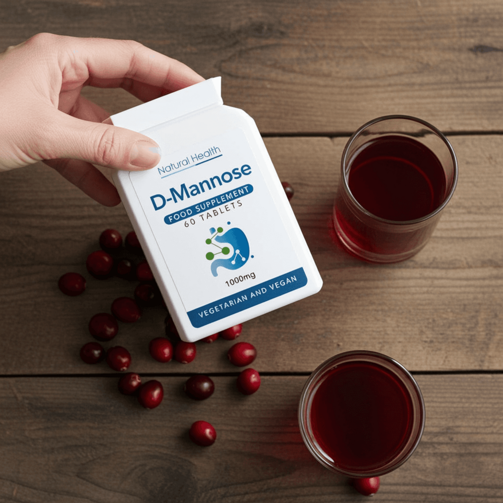 Natural Health D-Mannose food supplement bottle containing pure D-mannose 1000mg 60 tablets vegan chewable