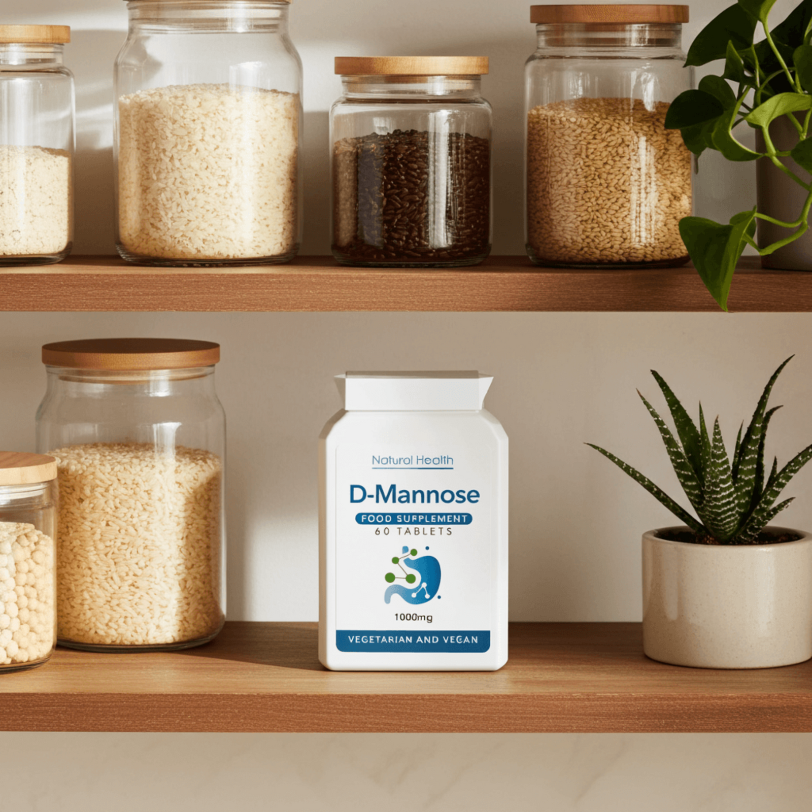 D-Mannose supplement bottle on a wooden shelf with jars and a plant