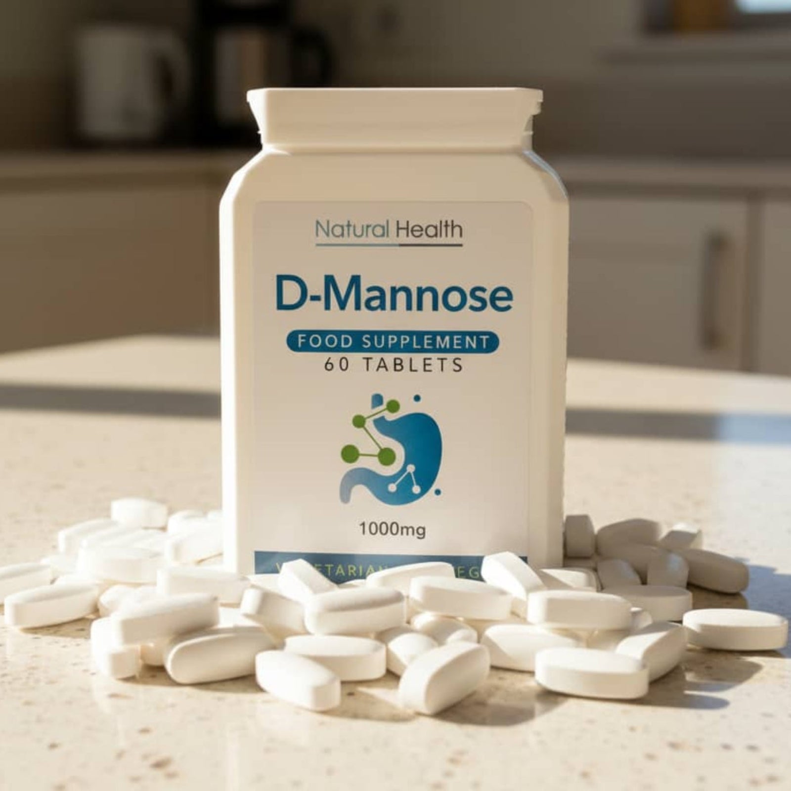 D-Mannose food supplement bottle with scattered tablets on a kitchen counter