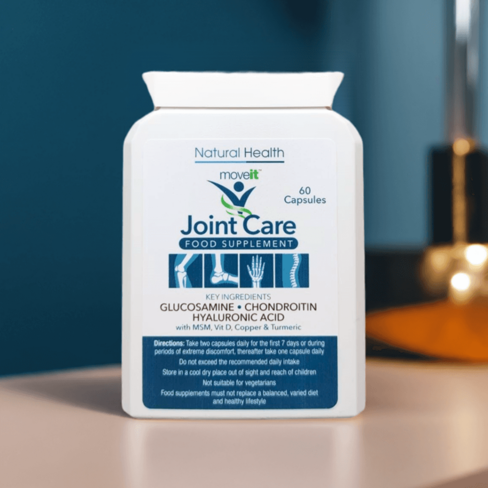 Joint care food supplement container on a wooden surface with a blurred background