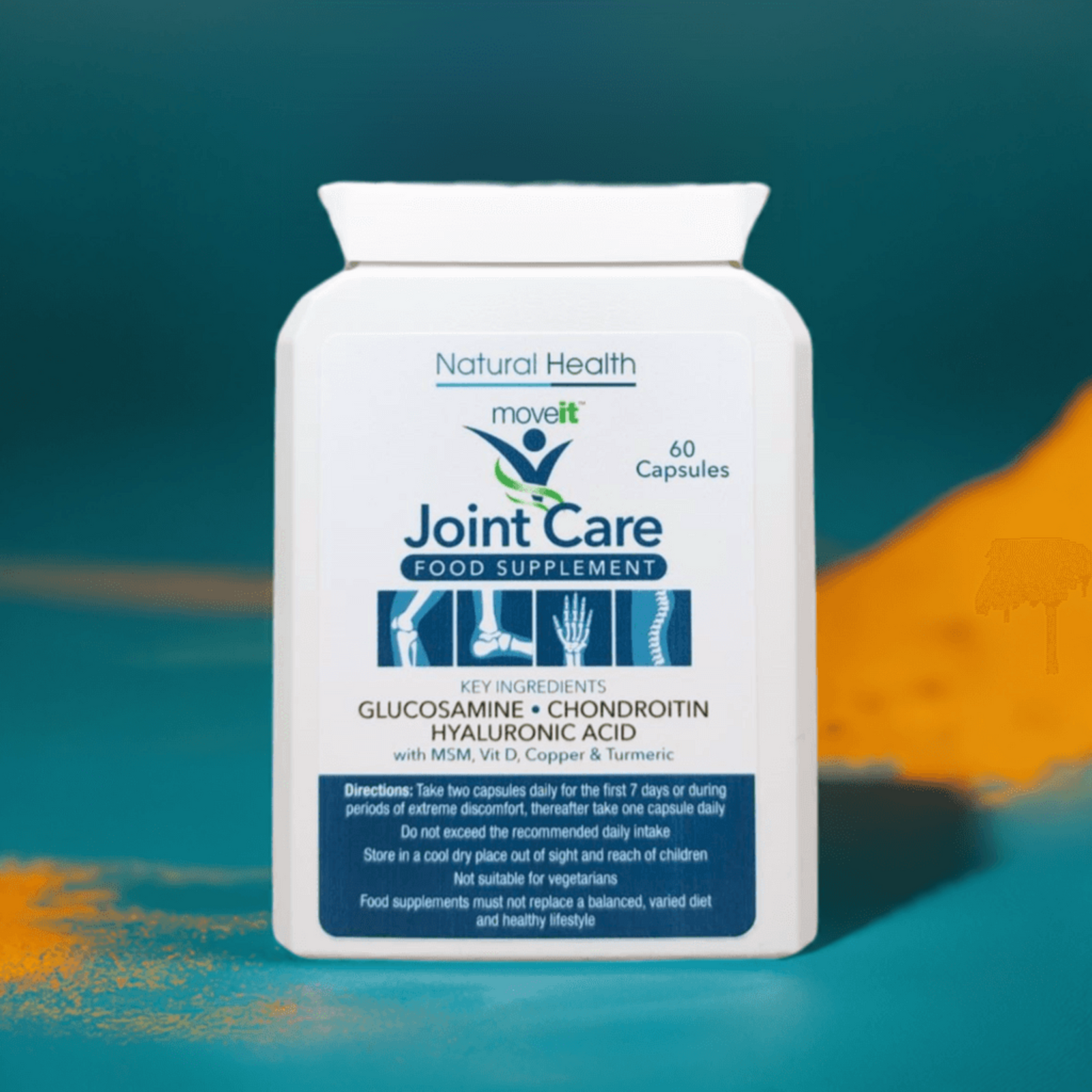 Moveit Joint care supplement bottle with blue and white label on a colorful background
