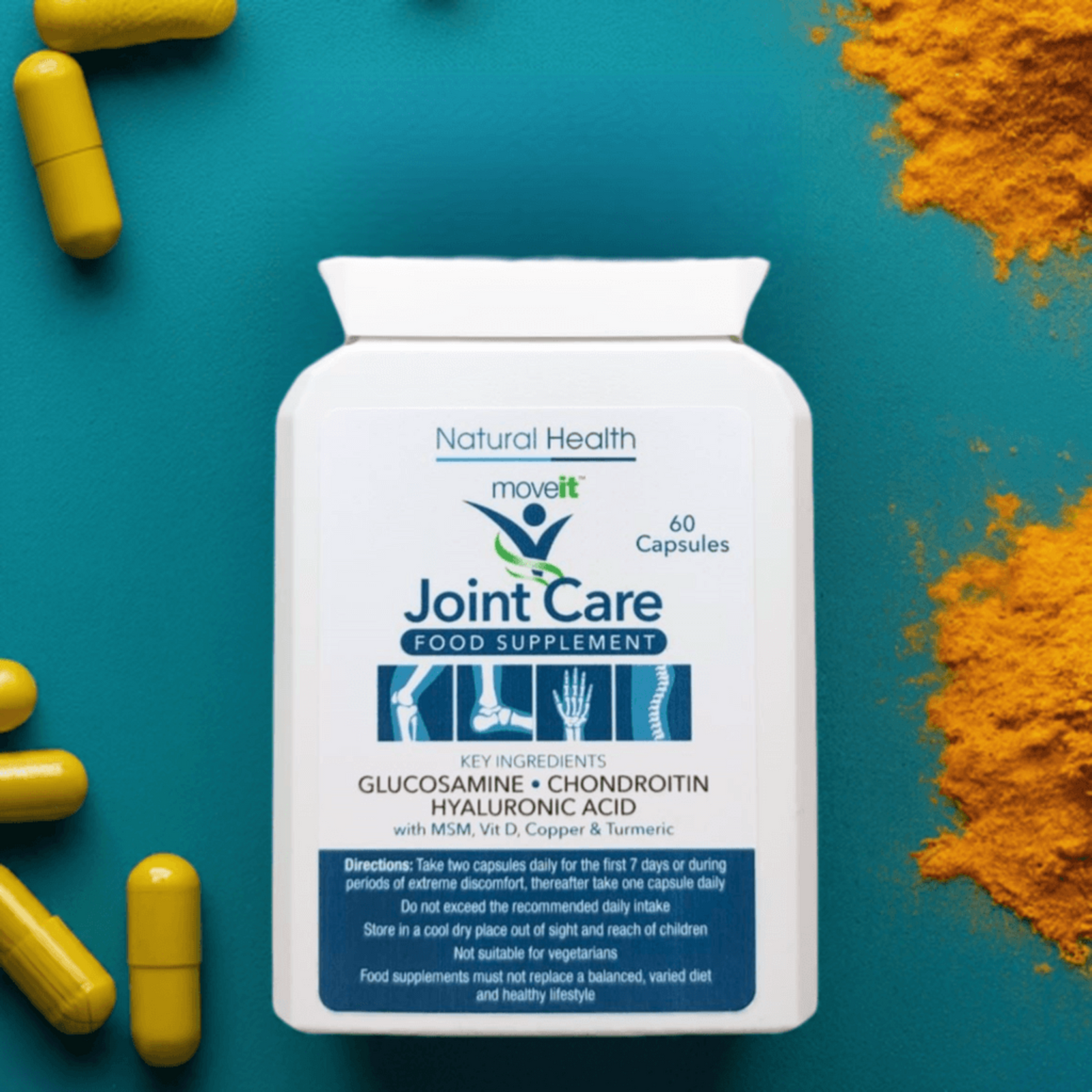 Joint care supplement bottle with capsules and turmeric on a teal background