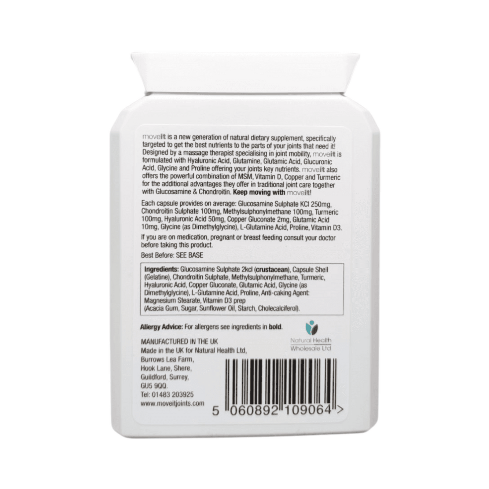 Back view of moveit joint care 60 capsules container with text and a barcode on a white background