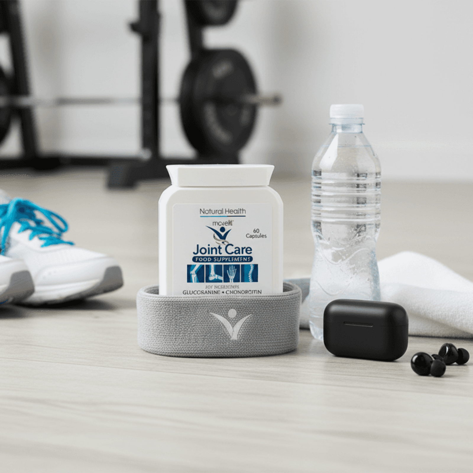 Bottle of Natural Health Joint Care supplement with turmeric roots on a wooden surface