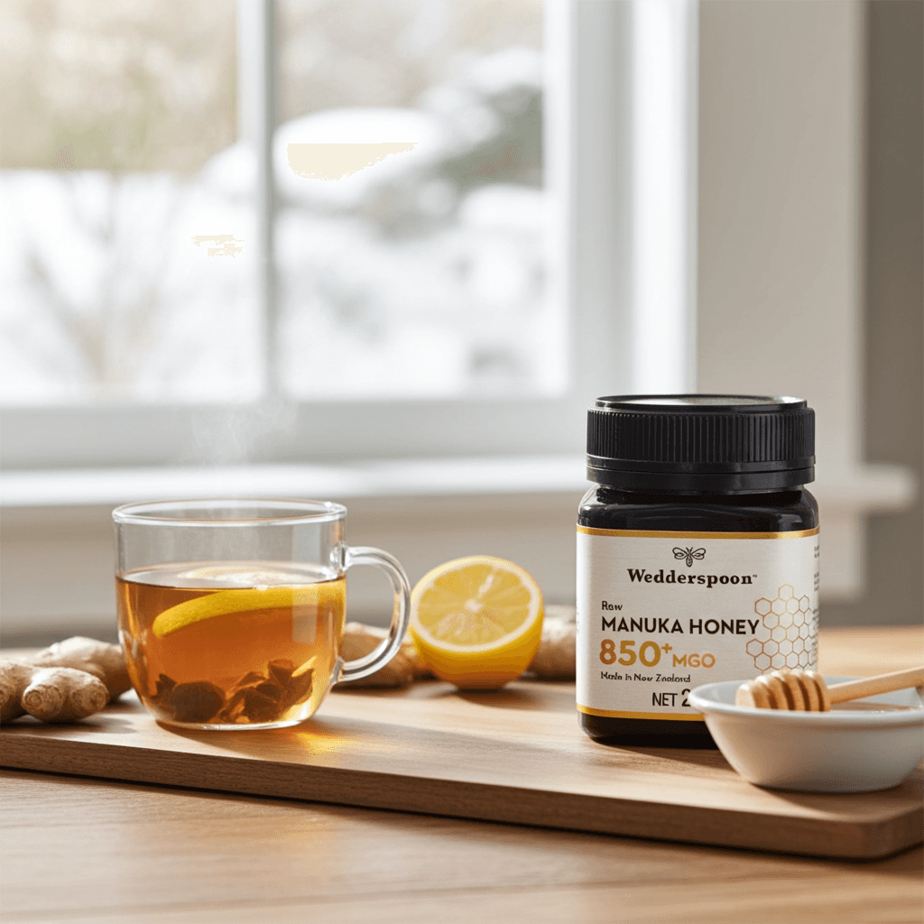 Wedderspoon jar of raw manuka honey 850 mgo 250g dark glass container with black lid and white label