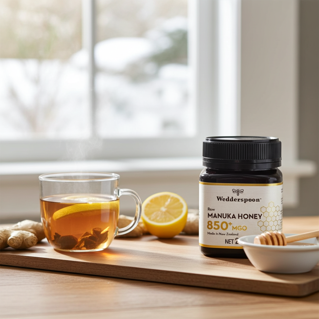 Wedderspoon jar of raw manuka honey 850 mgo 250g dark glass container with black lid and white label