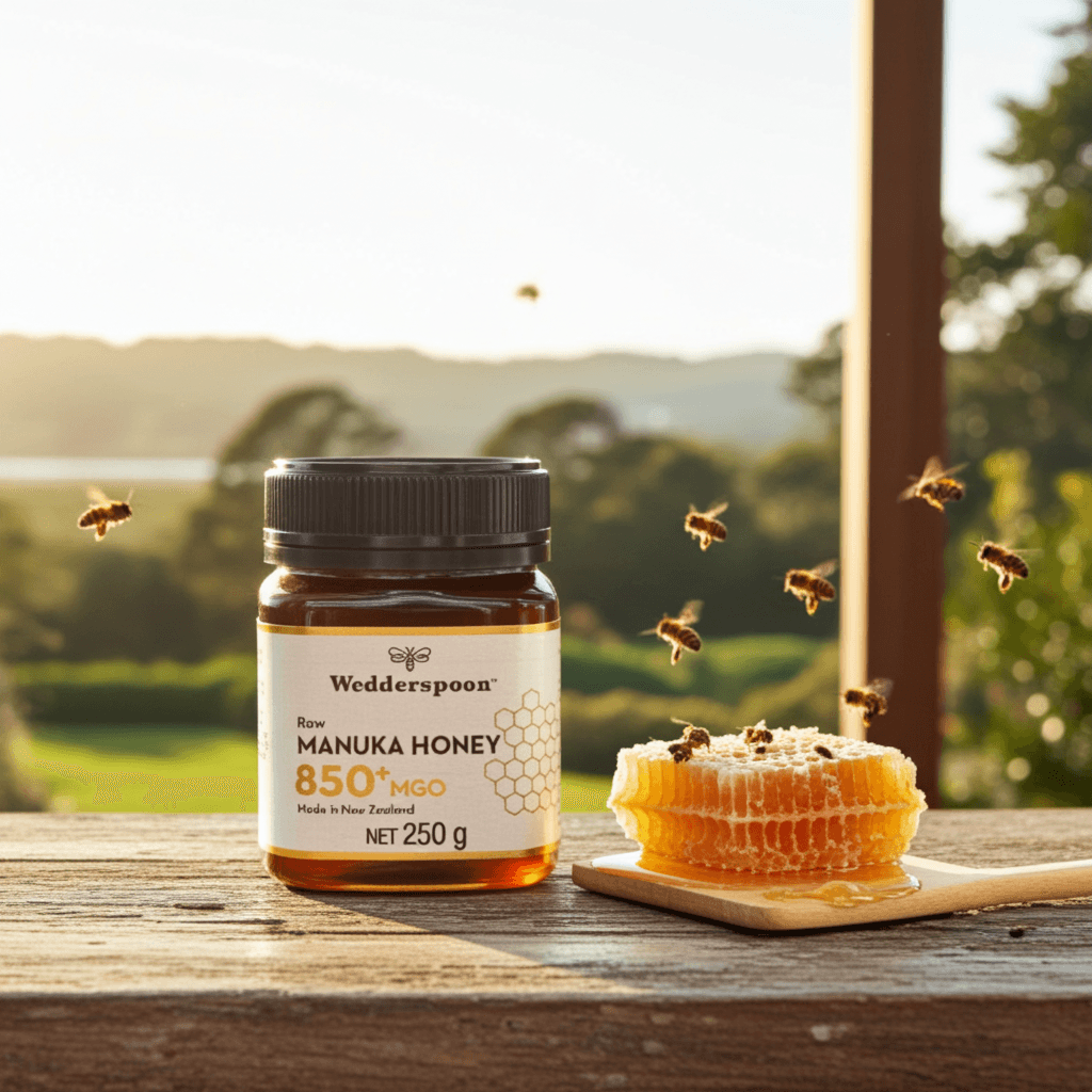 Wedderspoon 850 MGO Manuka Honey 250g jar set against a natural outdoor background