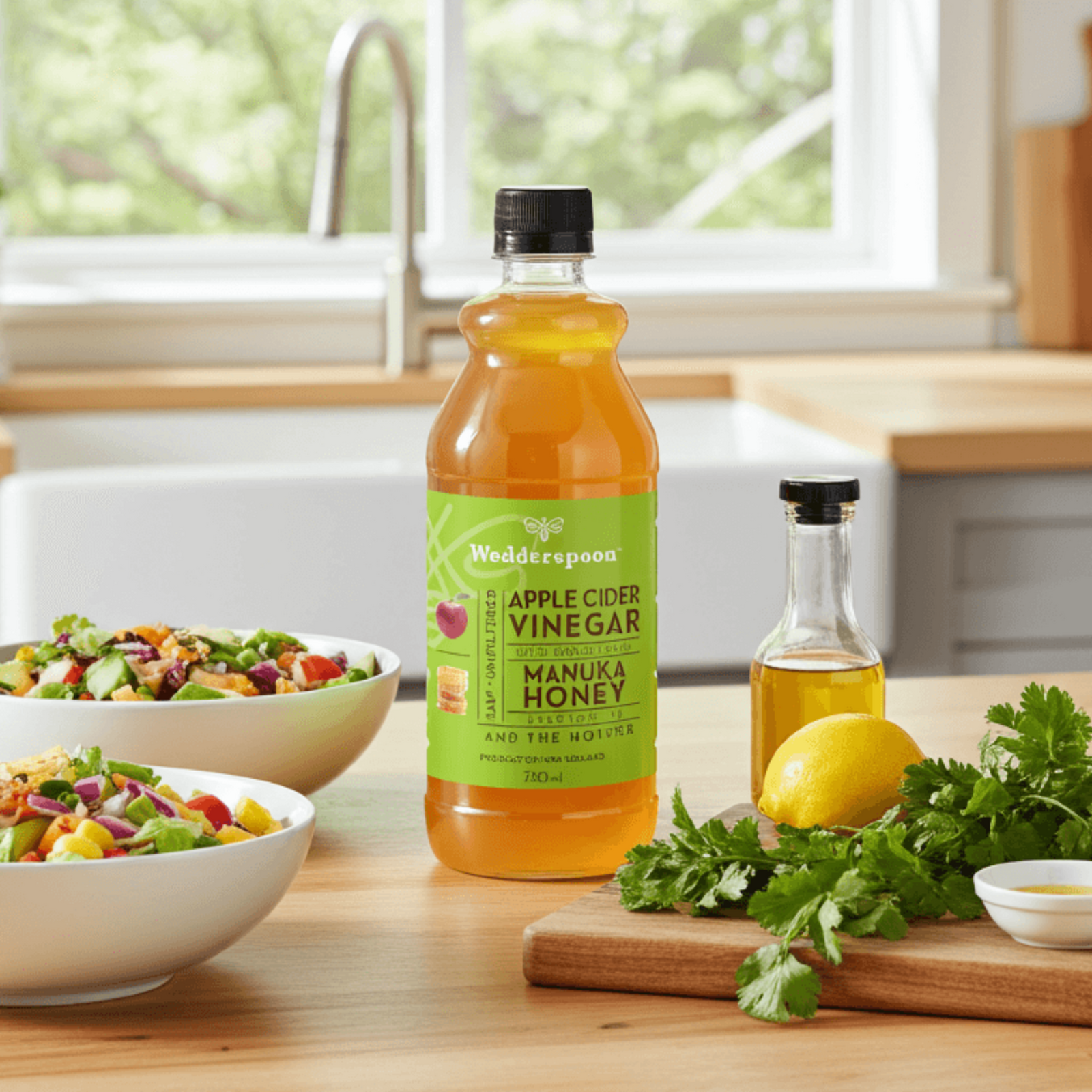 Bottle of Wedderspoon Apple Cider Vinegar with Manuka Honey on a kitchen counter with salads and lemons.