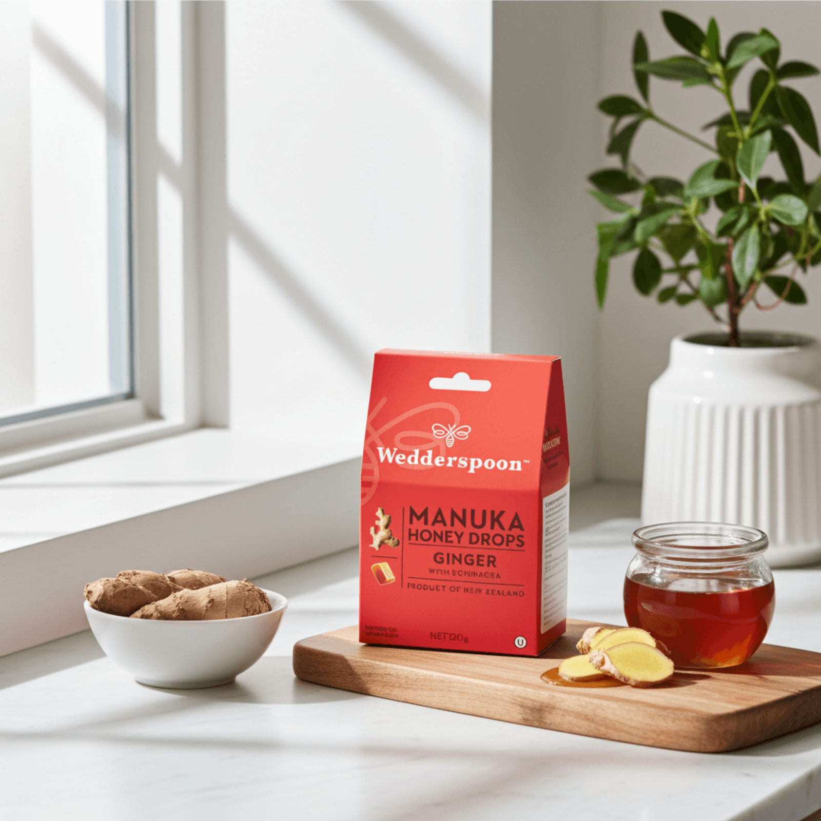Wedderspoon Manuka Honey Drops Ginger packaging on a wooden board with honey and ginger on a light background