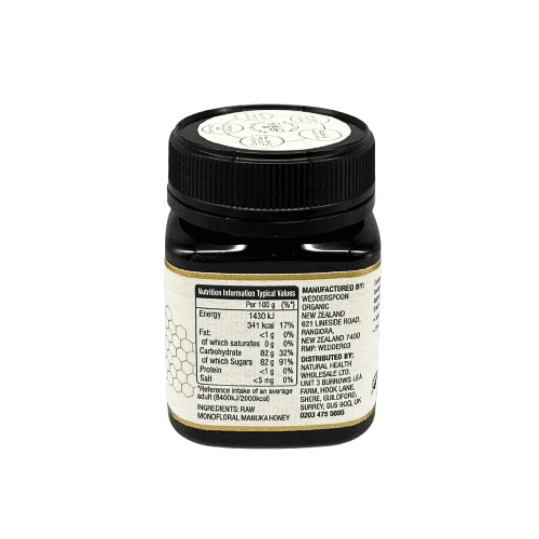 Back label of Wedderspoon 850 MGO Manuka Honey 250g jar