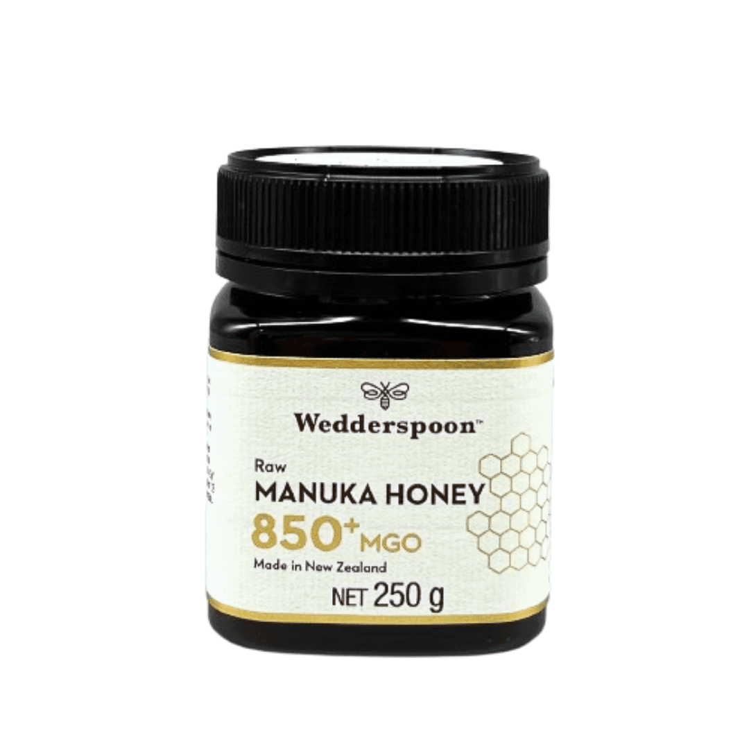Wedderspoon 850 MGO Manuka Honey 250g jar shown from the front