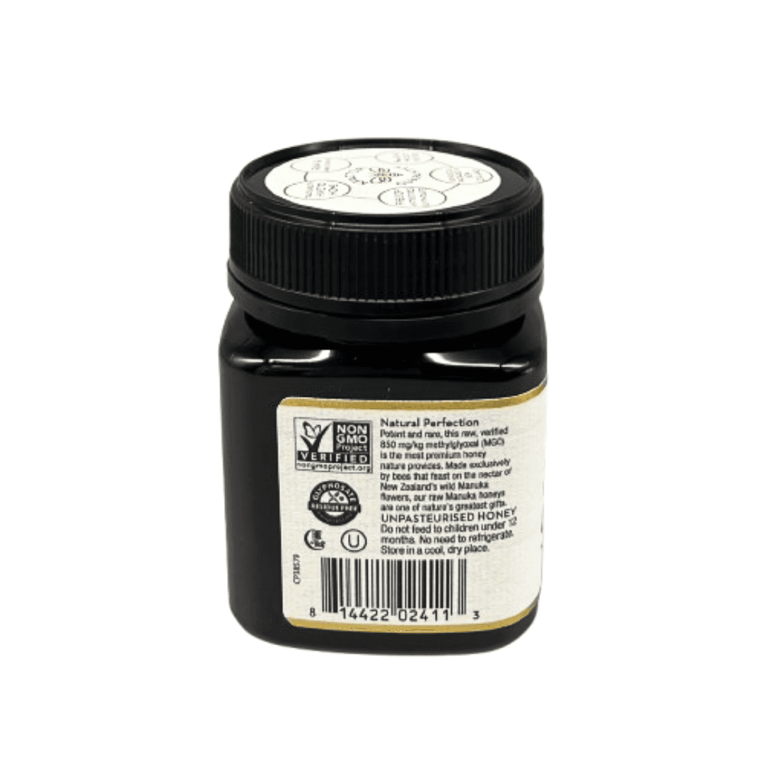 Wedderspoon 850 MGO Manuka Honey 250g jar shown from the left side