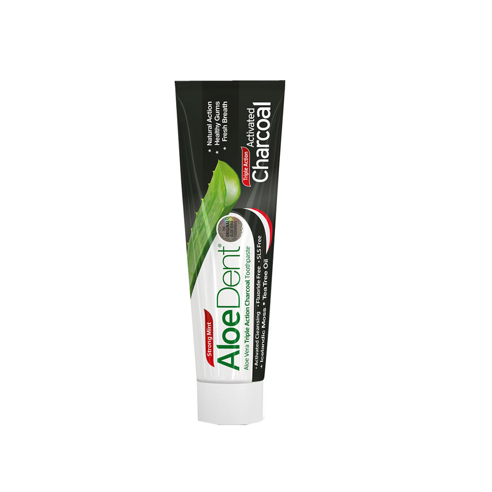 Aloedent Aloe Vera charcoal toothpaste tube by Natural Health World UK with aloe leaf graphic