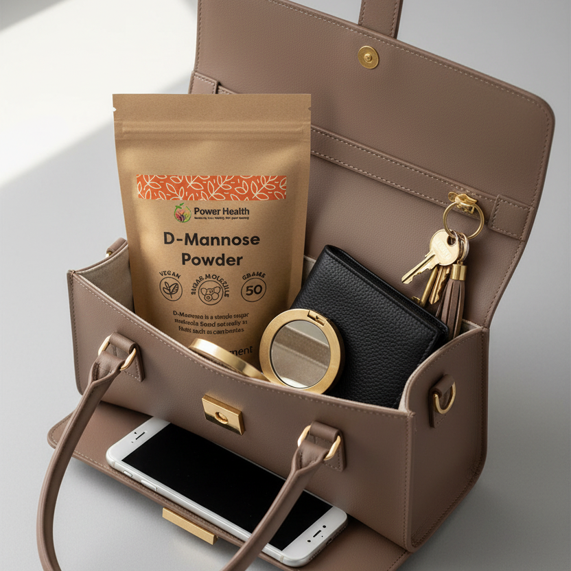 Open beige handbag with D-Mannose Powder packet, phone, keys, and compact mirror on a light gray background
