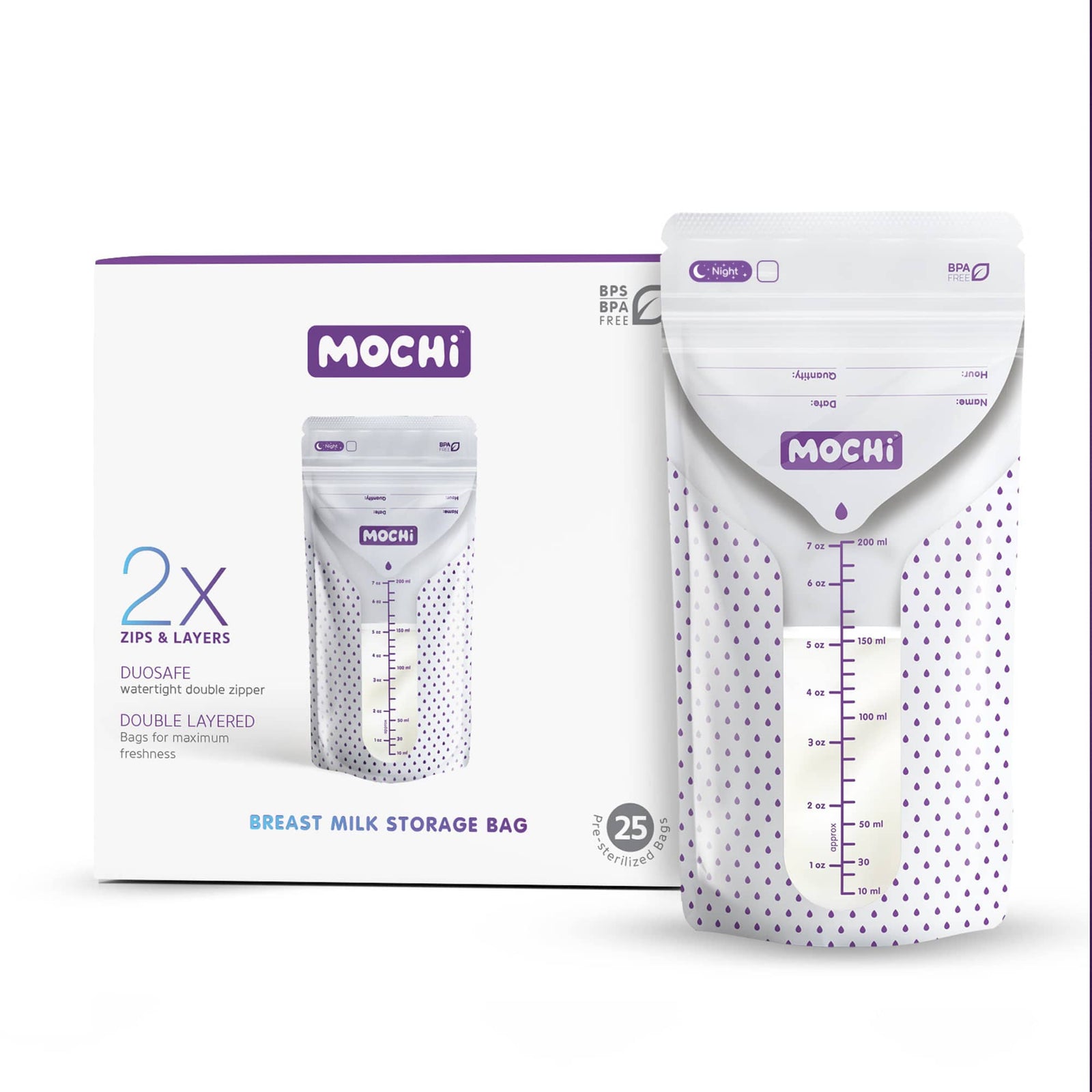 MOCHi Breast Milk Storage Bags with double layered watertight double zipper pack of 25