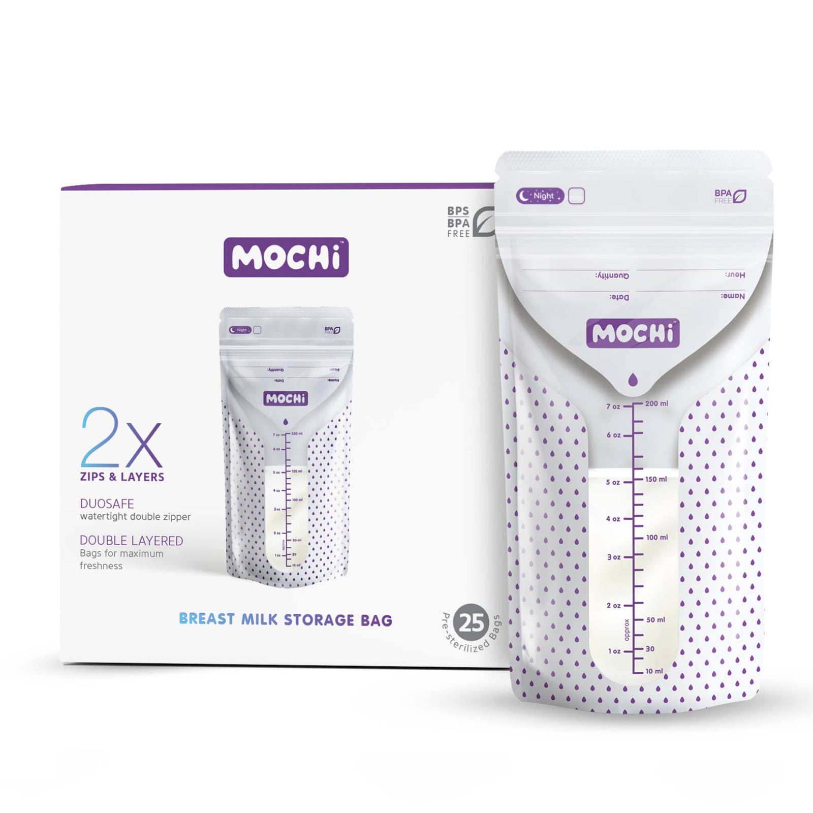 MOCHi Breast Milk Storage Bags with double layered watertight double zipper pack of 25