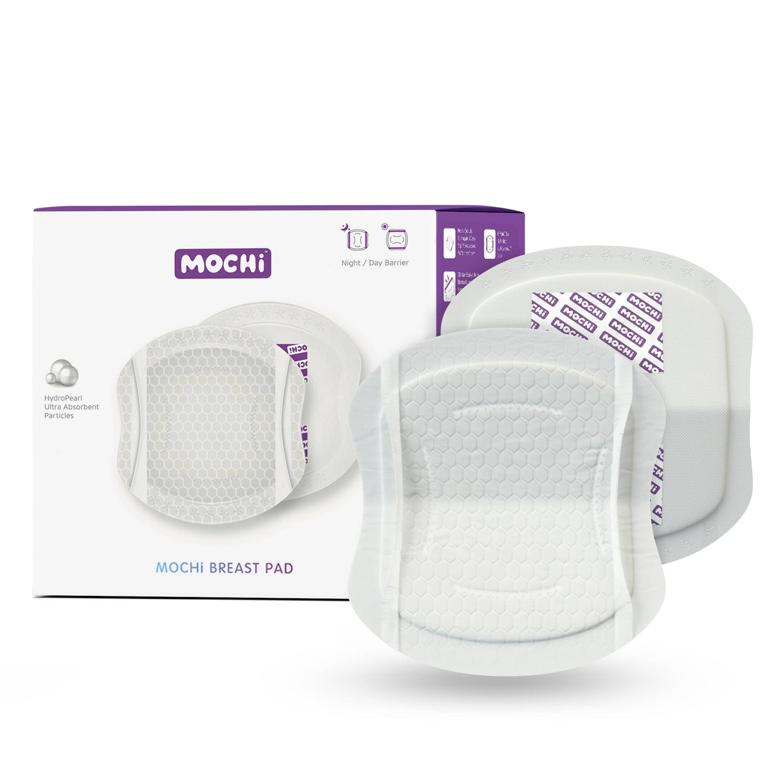 MOCHi breast pads for breastfeeding with ultra absorbent hydrogel particles in white packaging
