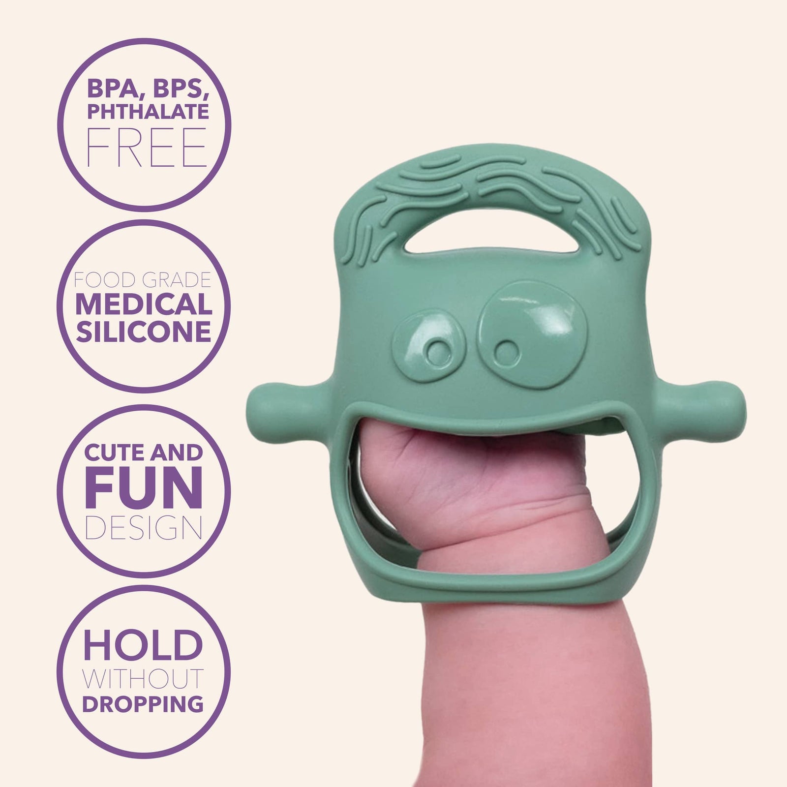 MOCHi teether for babies made from food grade silicone with a cute design for easy grip