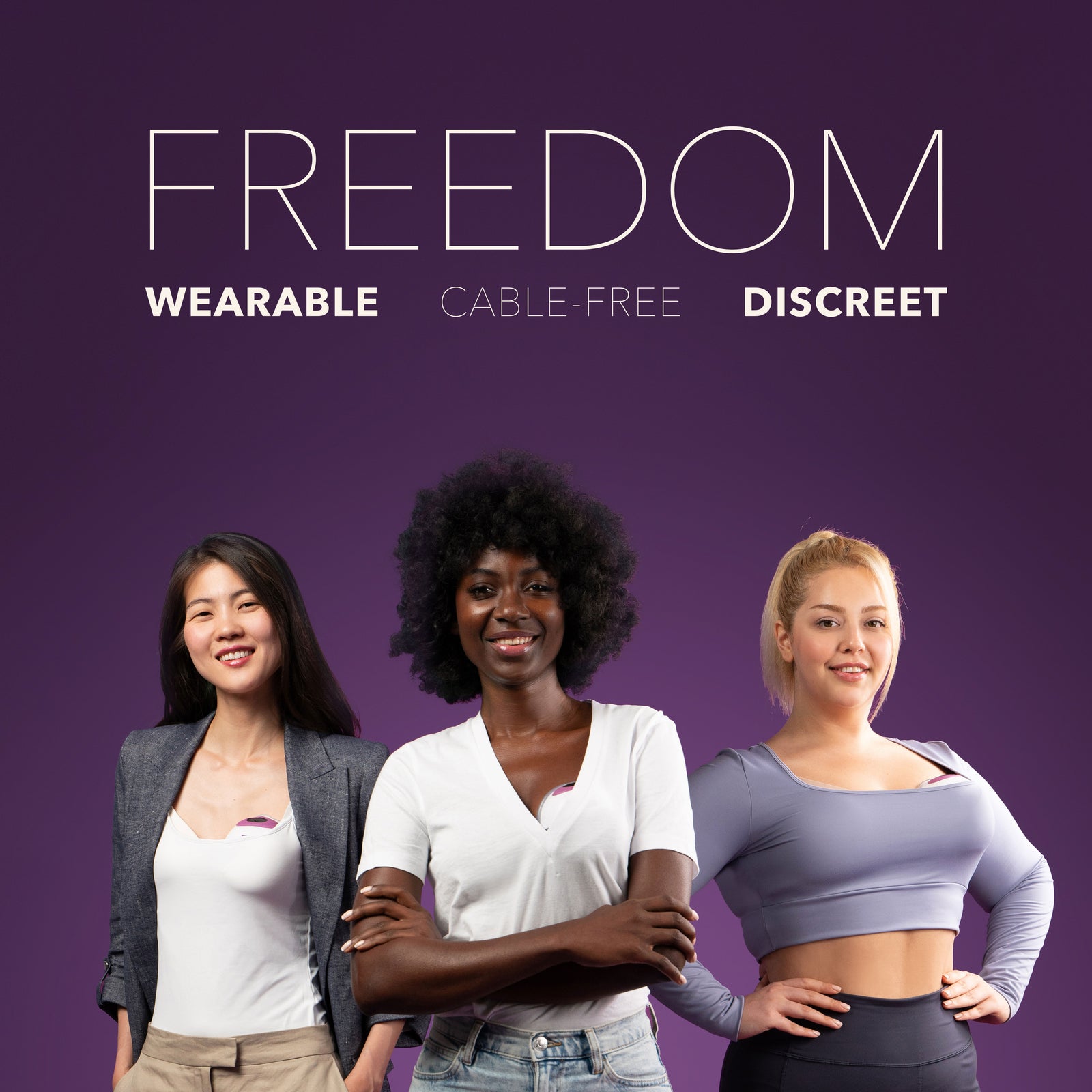 Three women wearing discreet MOCHi wearable breast pump under their clothes promoting freedom and cable-free use