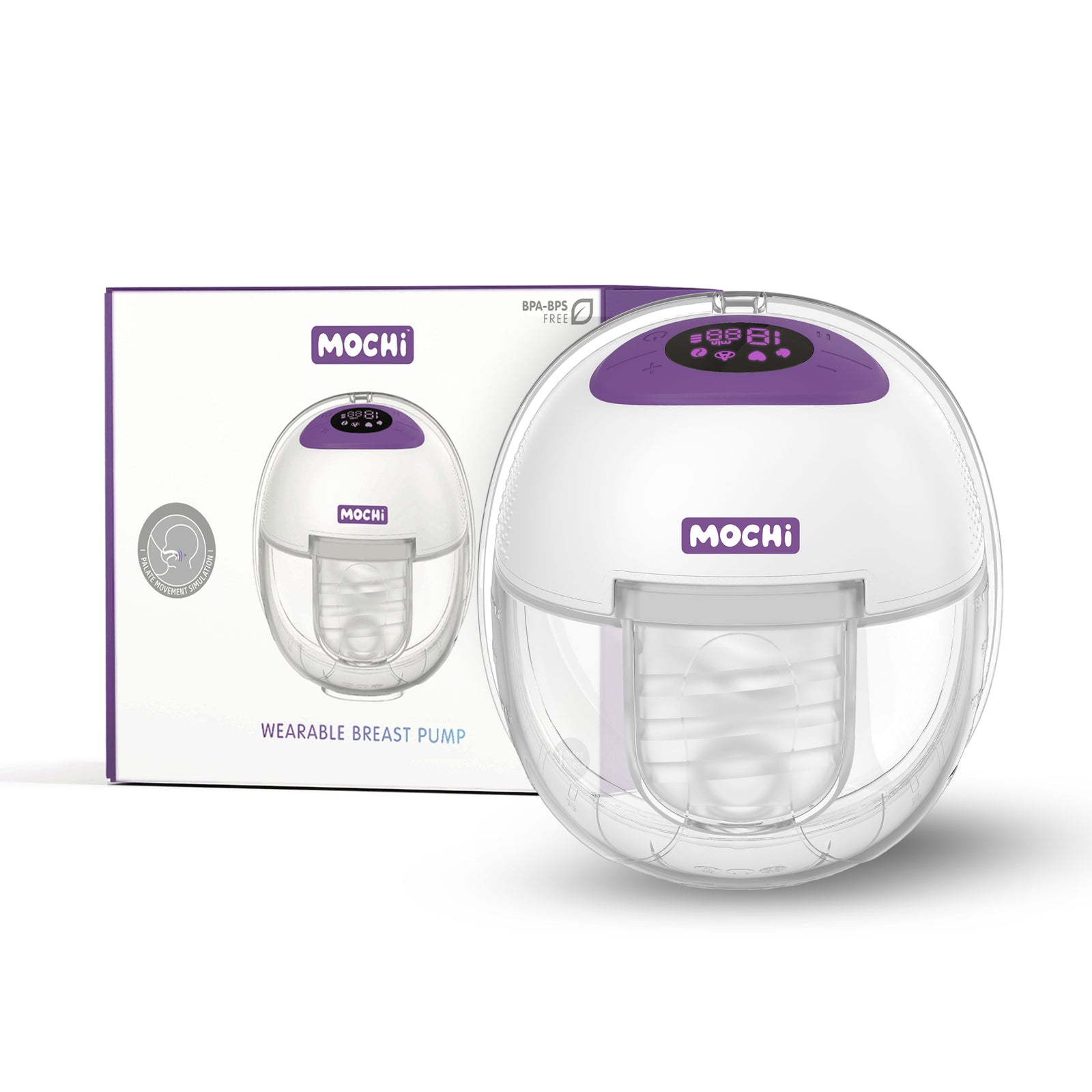 MOCHi wearable breast pump in white and purple with digital display and packaging box