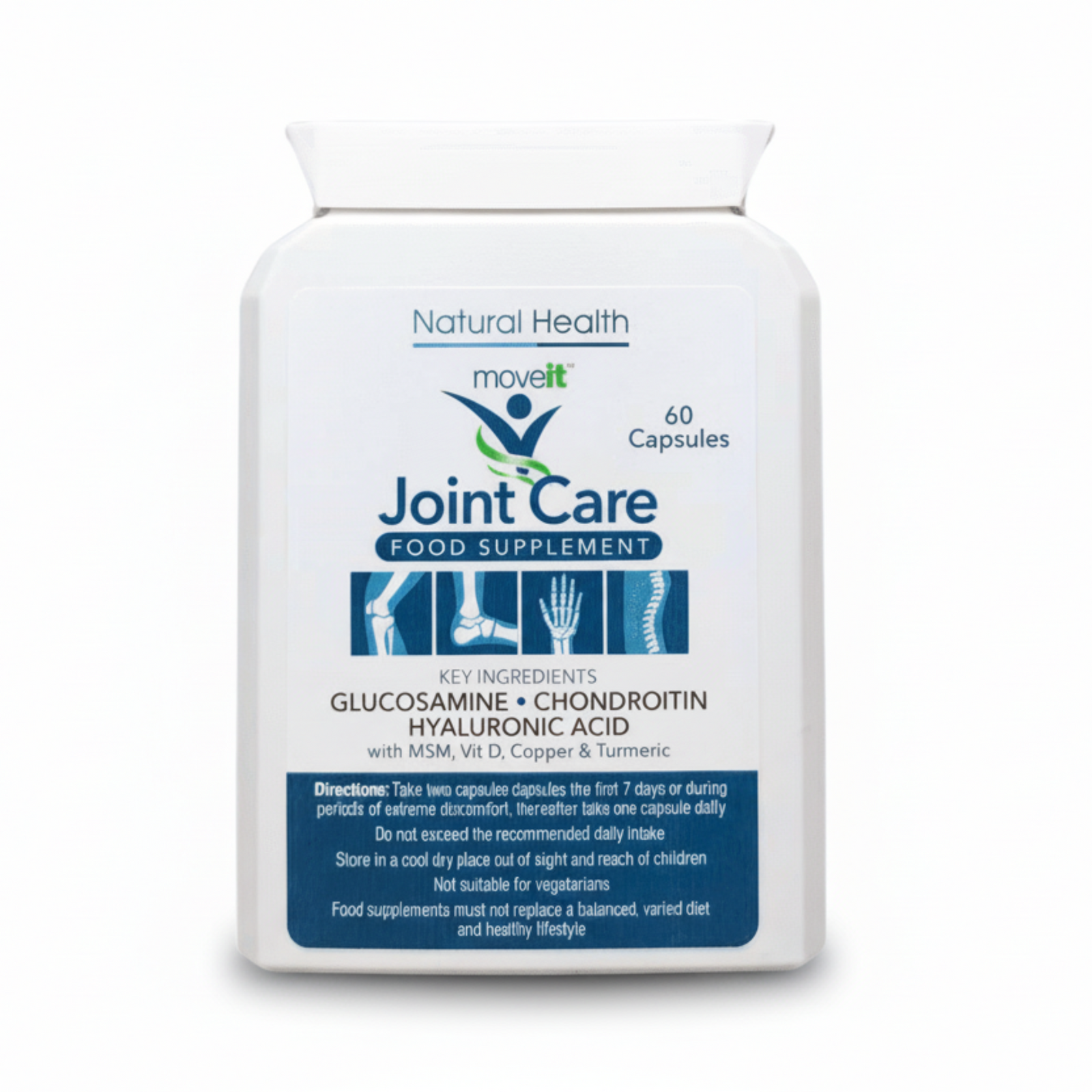 Natural Health World UK bottle of Moveit Joint Supplement Chondroitin and Glucosamine 11 Active Ingredients 60 capsules joint care