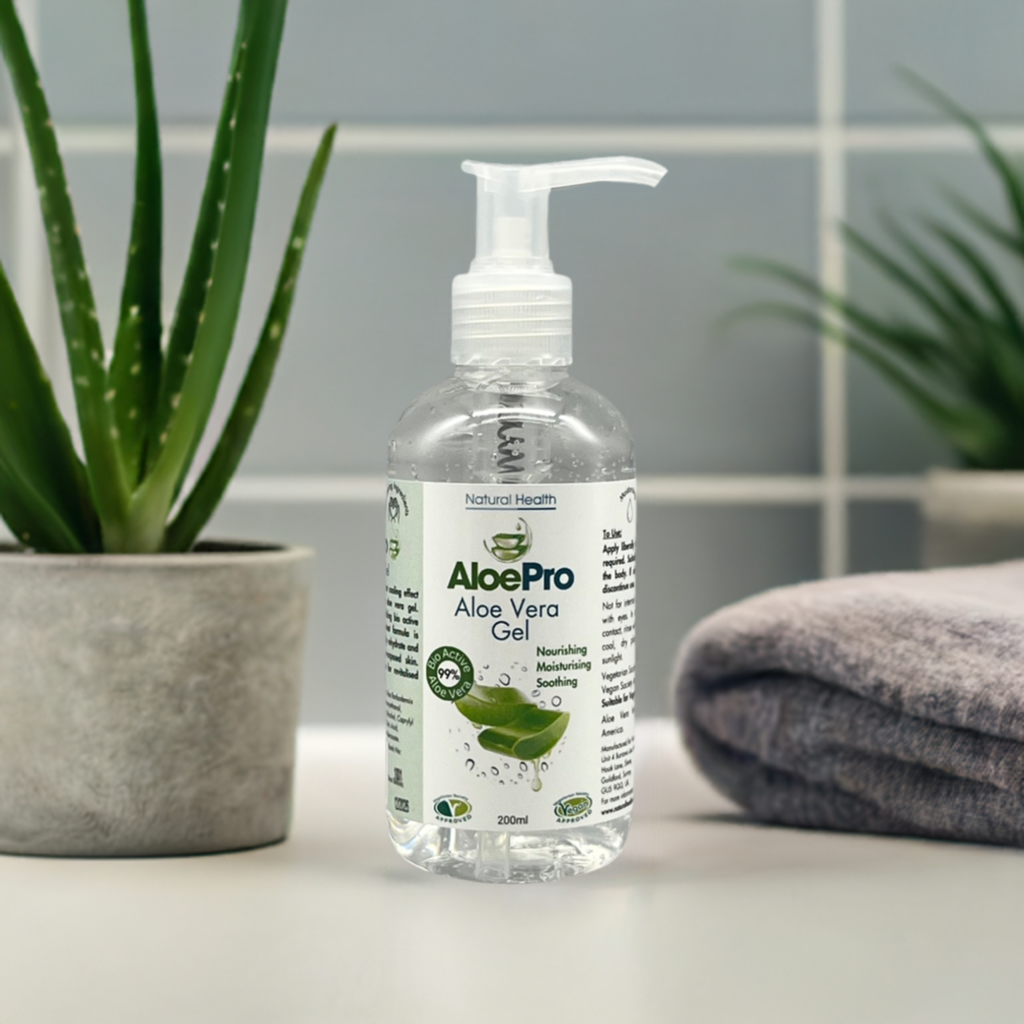 AloePro Natural Soothing Aloe Gel UK 200ml clear pump bottle by Natural Health World UK on bathroom counter