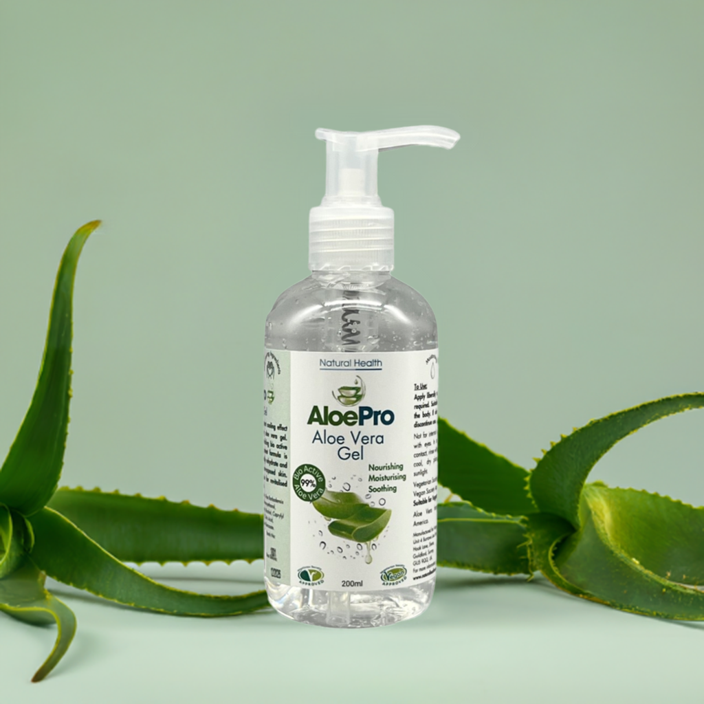AloePro Natural Soothing Aloe Gel UK 200ml clear pump bottle with aloe vera leaves background