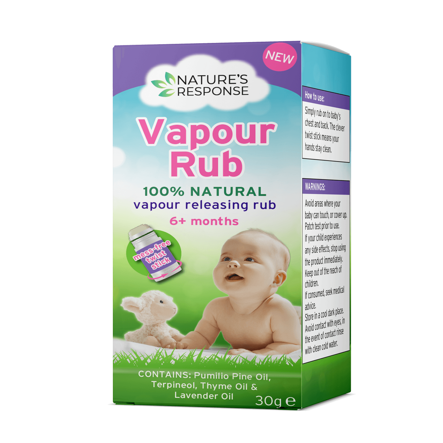 Natures Response Vapour Rub 100 percent natural box with baby image and lamb toy natural vapour rub for babies 6 plus months