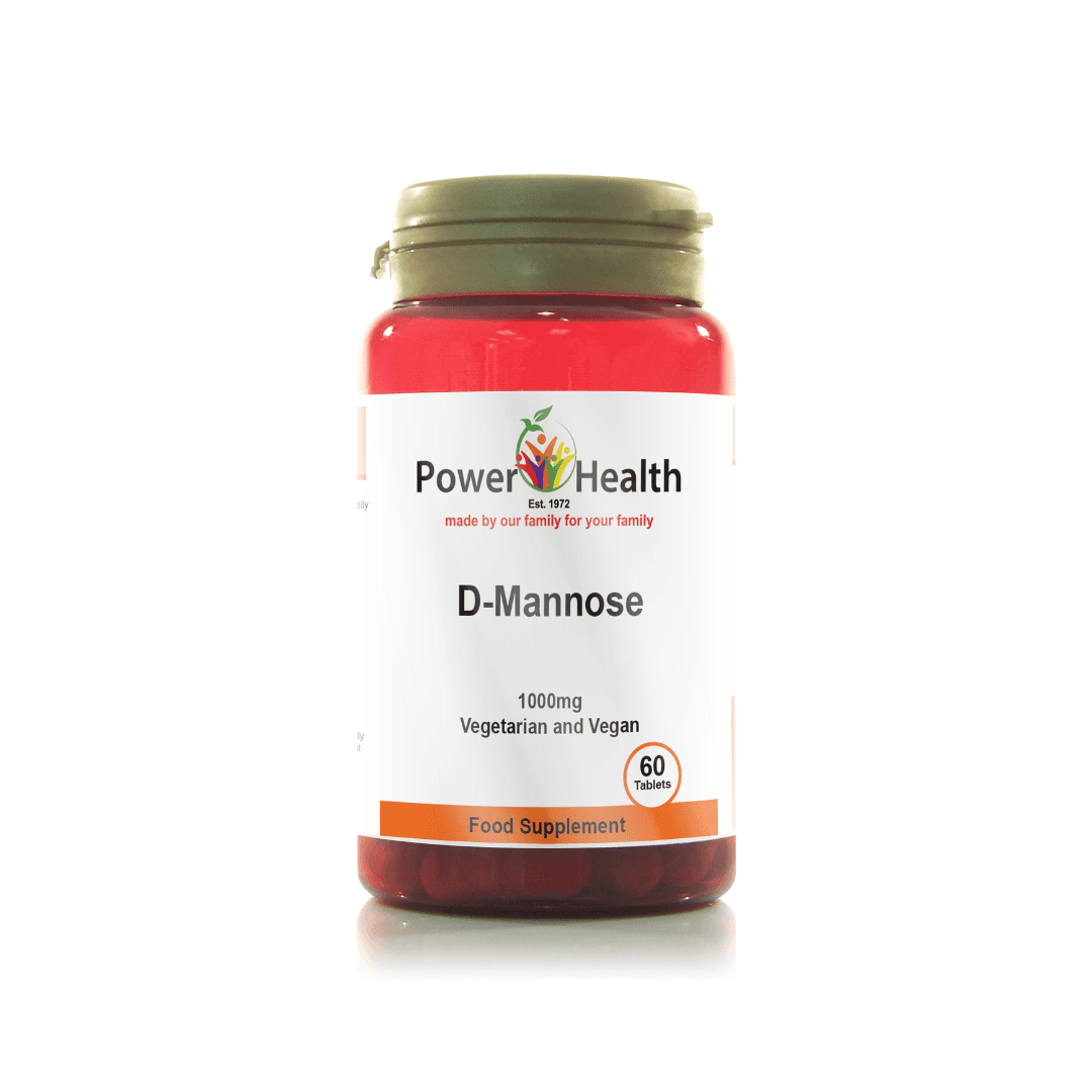 Power Health D-Mannose 1000mg tablets red bottle 60 tablets vegetarian and vegan food supplement