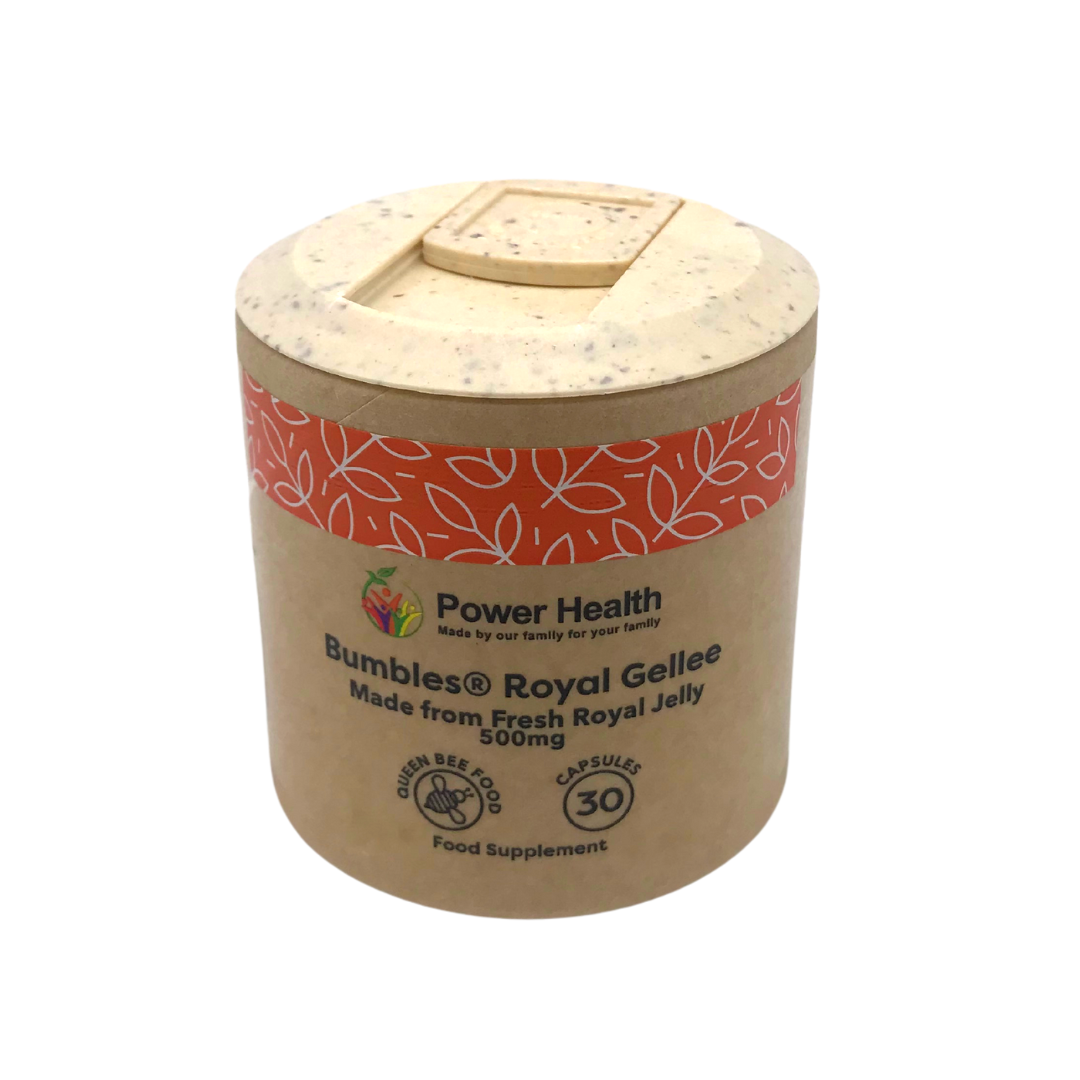 Power Health Bumbles Royal Gellee jar with beige speckled lid showing Royal Gellee capsules 500mg