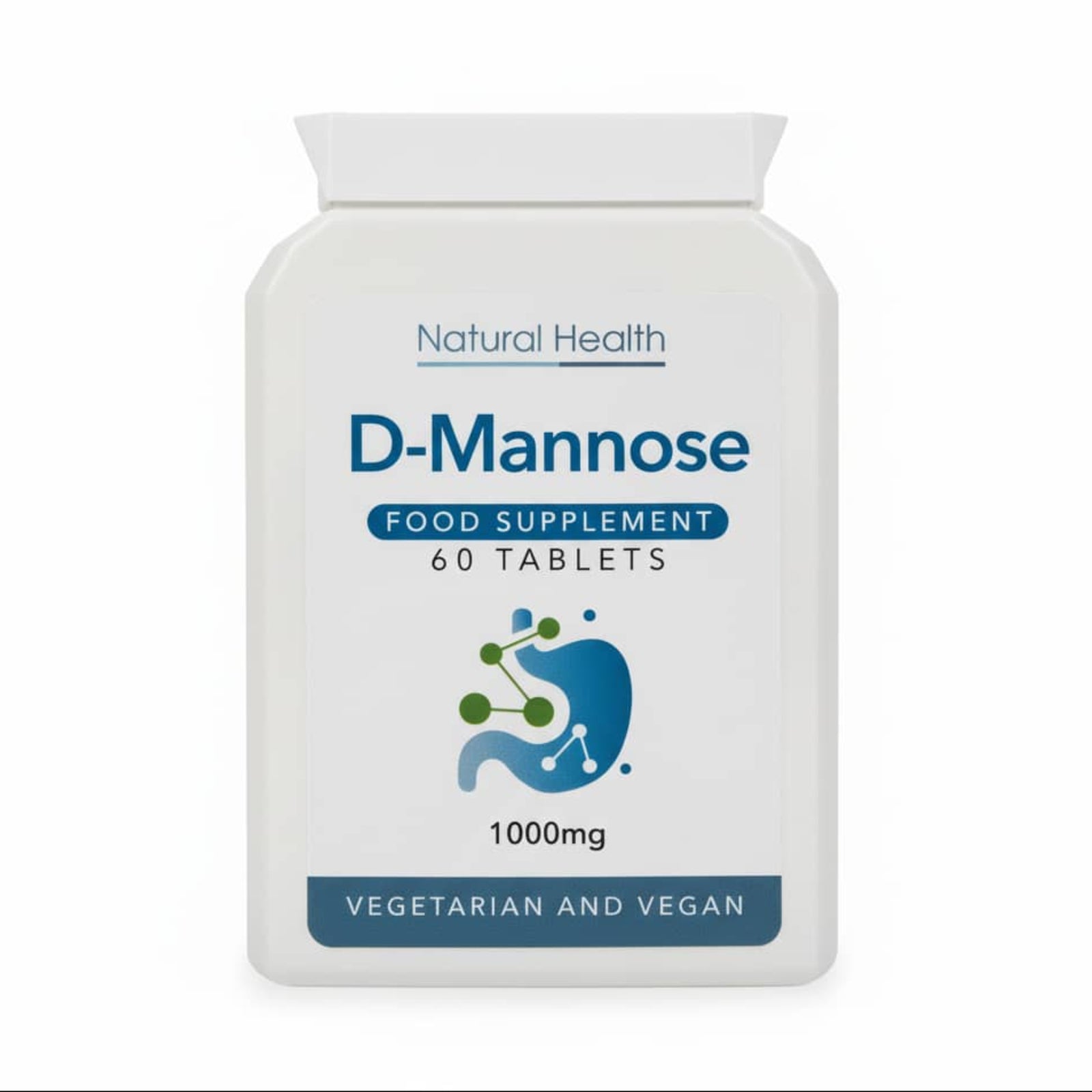 Natural Health D-Mannose food supplement bottle containing pure D-mannose 1000mg 60 tablets vegan chewable