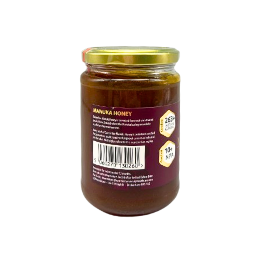 Queen bee manuka honey 454g glass jar with gold lid showing label and nutritional information