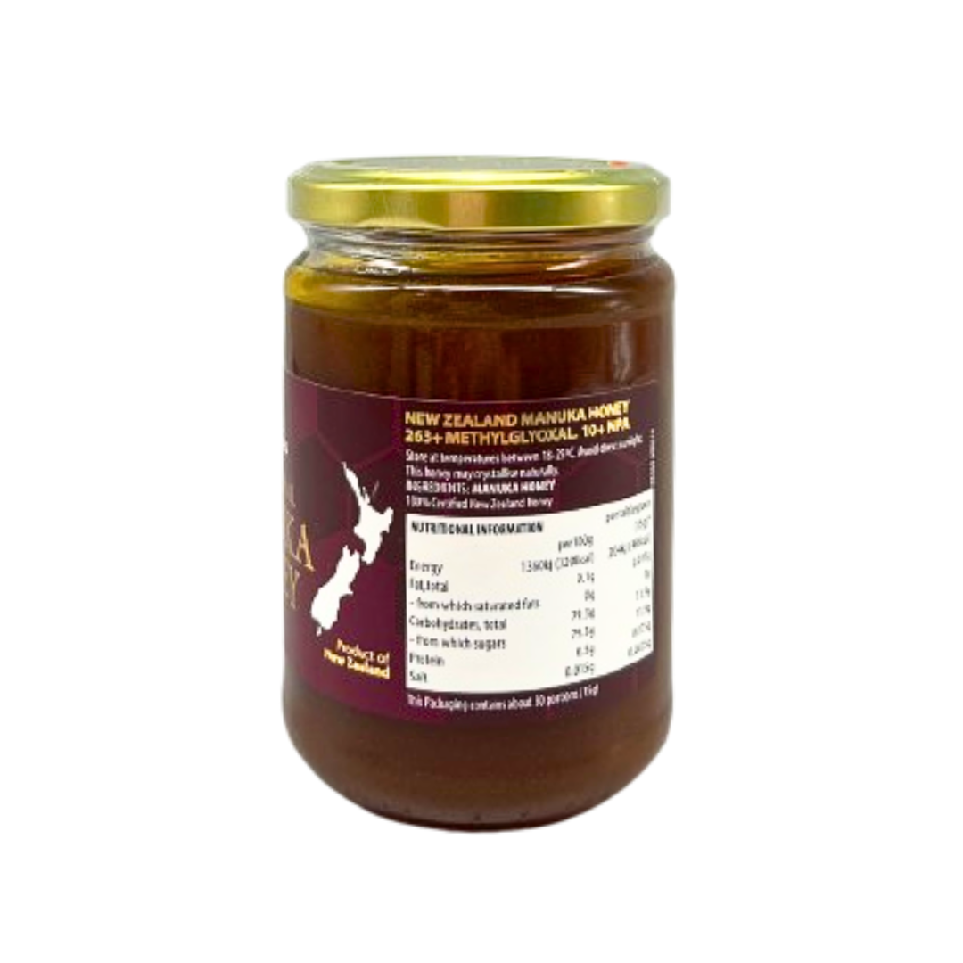 Queen bee manuka honey 454g glass jar with New Zealand origin and nutritional label
