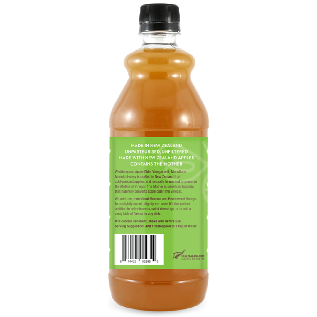 Back view of Wedderspoon Apple Cider Vinegar with Manuka Honey 750ml Triple Pack bottle showing label details