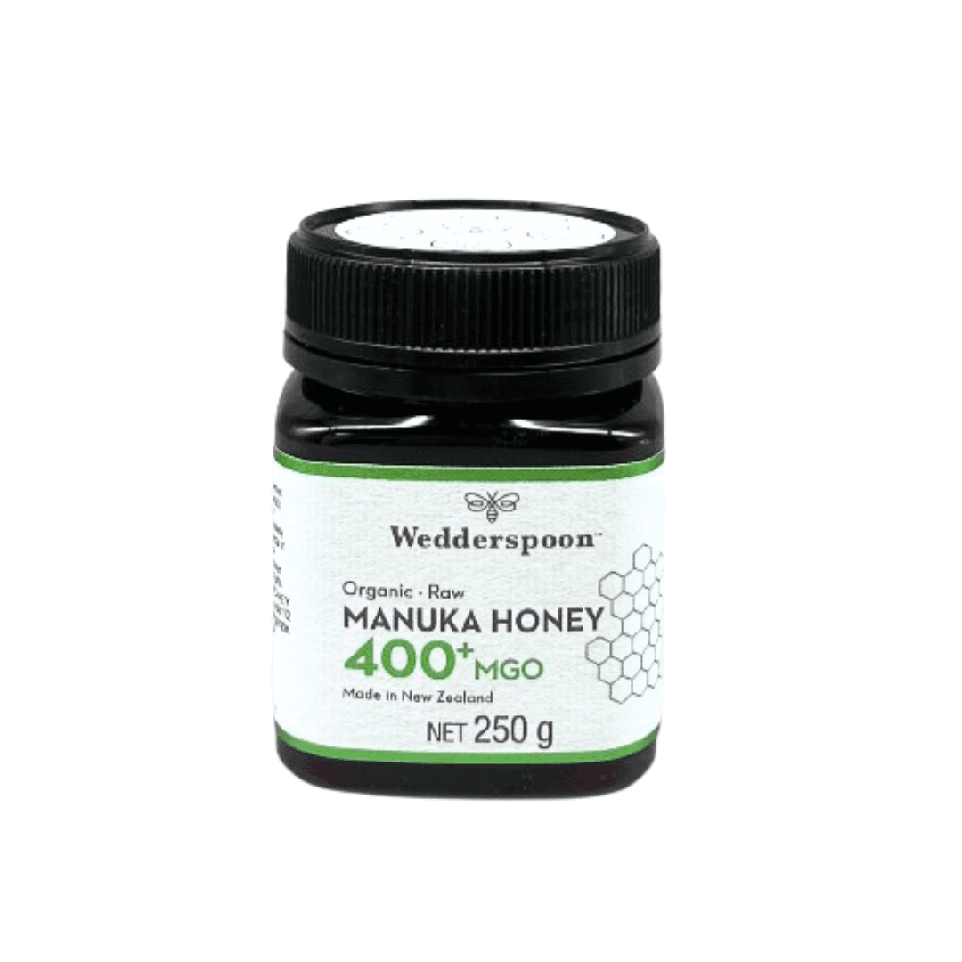 Wedderspoon high potency raw manuka honey 400 MGO in 250g jar made in New Zealand