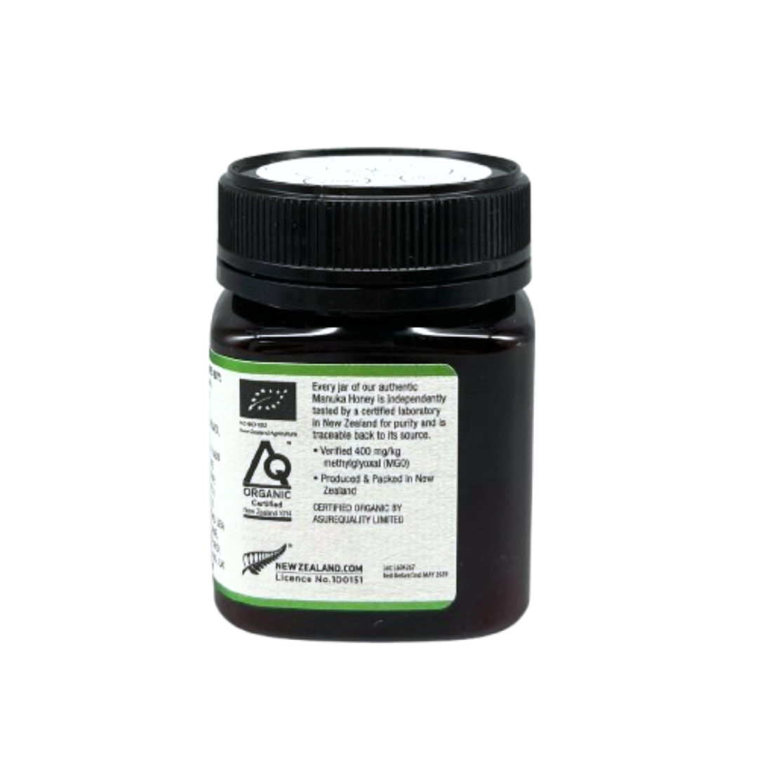 Wedderspoon high potency raw manuka honey 400 MGO jar with organic certification label