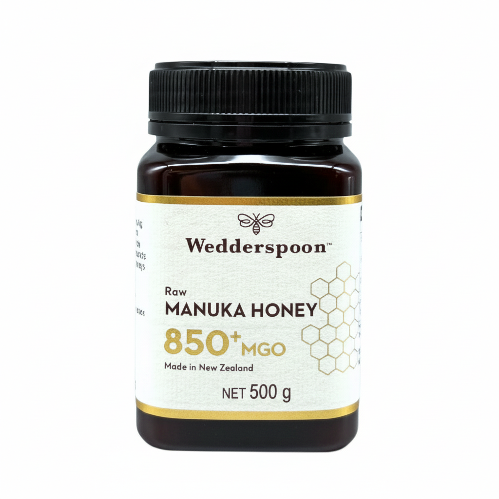 Wedderspoon raw manuka honey 850 mgo in a 500g dark jar with white label from New Zealand