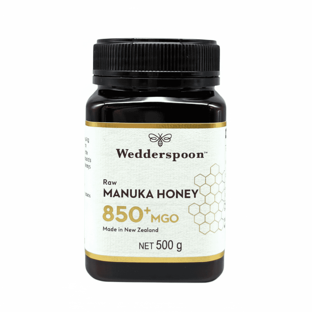 Wedderspoon raw manuka honey 850 mgo in a 500g dark jar with white label from New Zealand