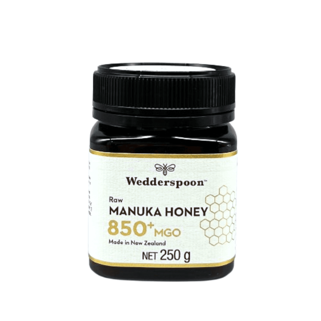 Wedderspoon jar of raw manuka honey 850 mgo 250g dark glass container with black lid and white label