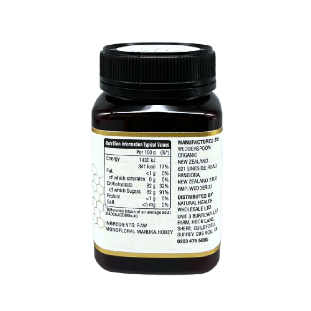 Wedderspoon raw manuka honey 850 mgo dark amber jar with nutrition and ingredient labels