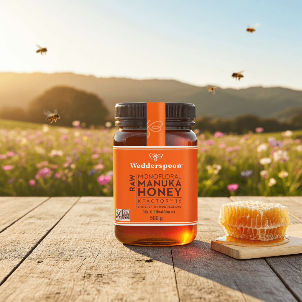 Wedderspoon raw Manuka honey KFactor 16 jar with honeycomb in a natural setting