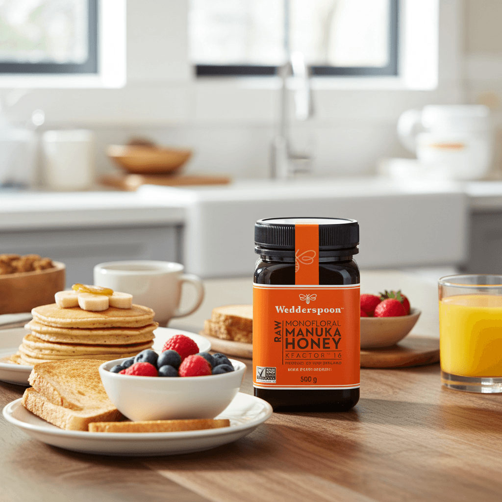 Wedderspoon raw Manuka honey KFactor 16 jar on a table with pancakes, fruits, and drinks