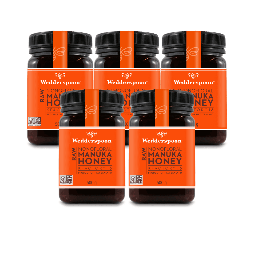 Five jars of Wedderspoon raw Manuka honey KFactor 16 in 500g containers