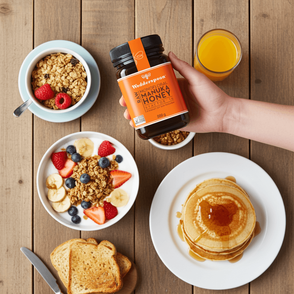 Wedderspoon raw Manuka honey KFactor 16 held above a breakfast table with pancakes, fruit, and toast