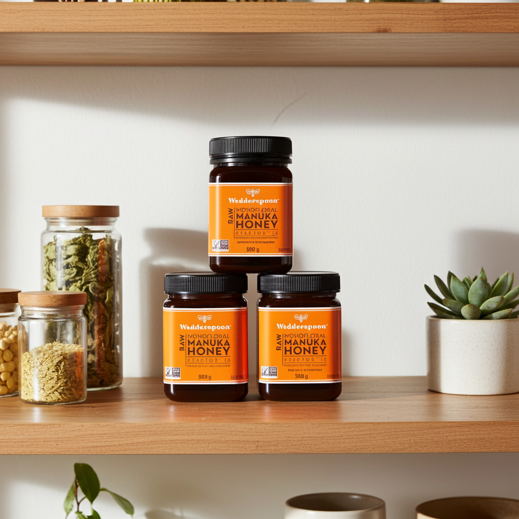 Three jars of Wedderspoon raw Manuka honey KFactor 16 displayed on a wooden shelf with plants and spices