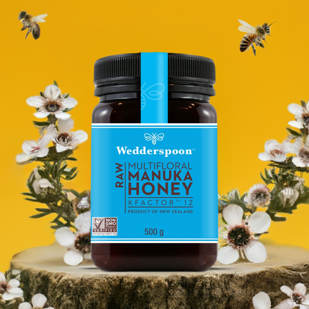 Wedderspoon raw Manuka honey natural affordable in 500g jar with floral background and bees