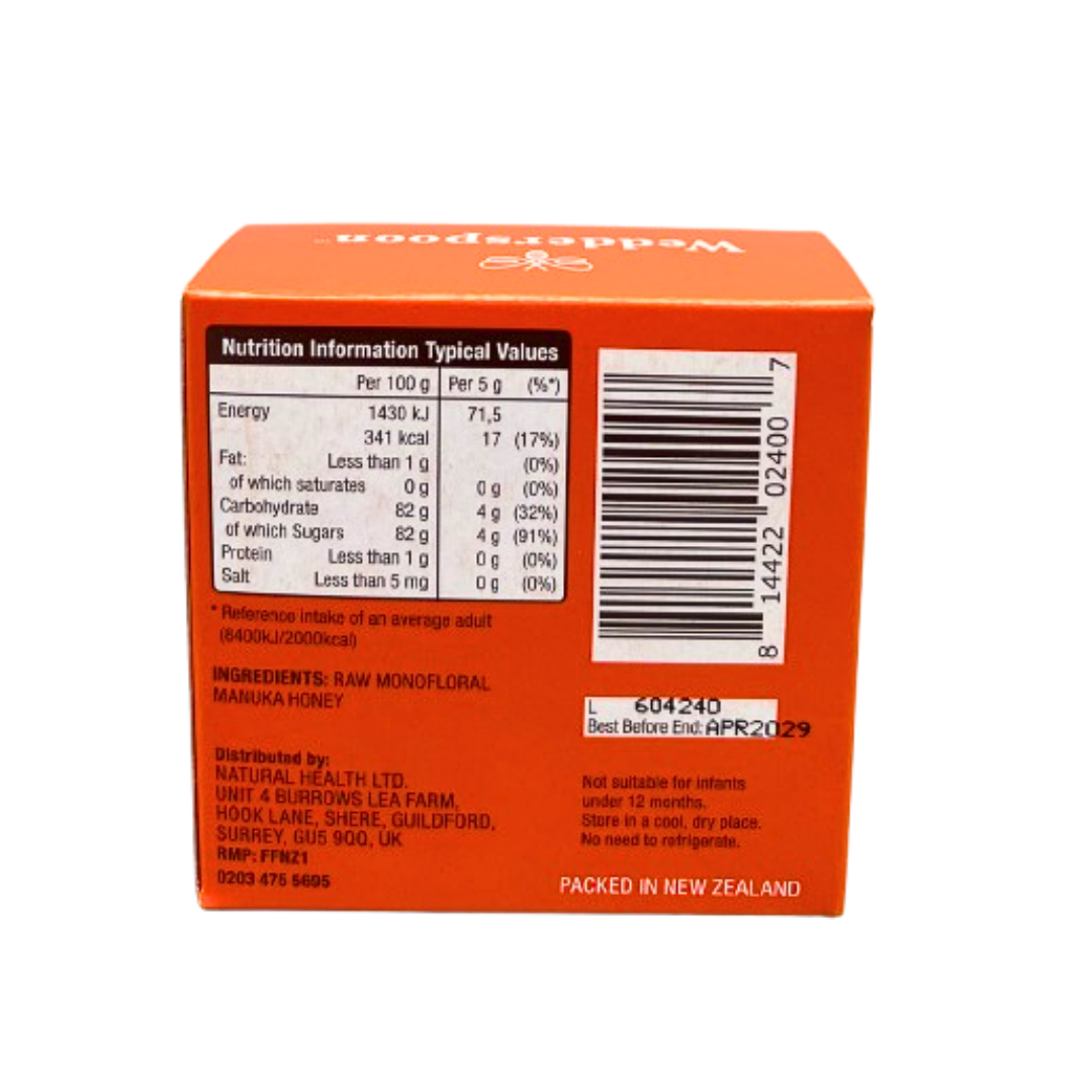 Wedderspoon raw Manuka honey travel sachets box with nutrition facts and product details